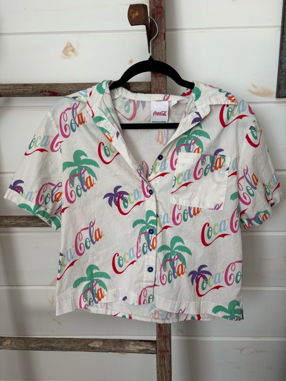 Coca Cola Multicolor Logo Crop Button-Up Top on White